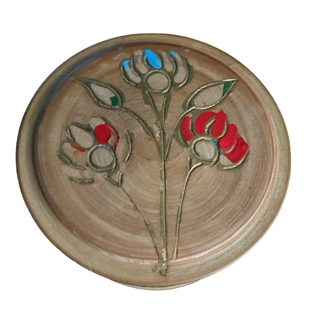 Handmade wooden trinket dish with lid hand painted